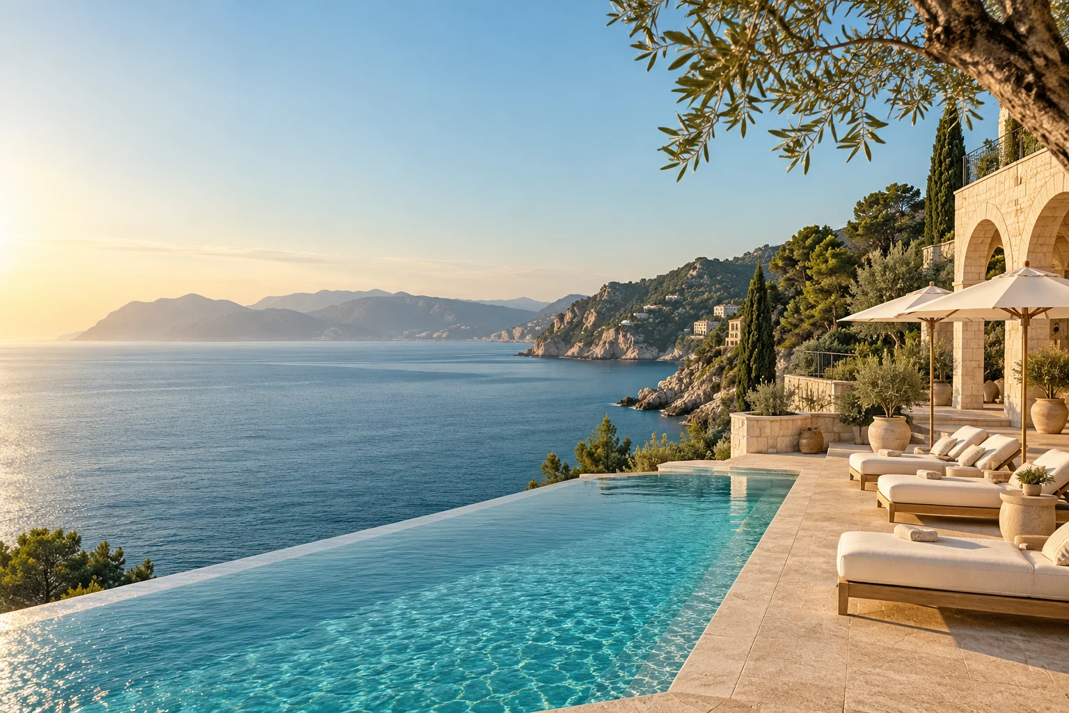 Mediterrane Hotelterrasse mit Infinitypool und Blick auf das Meer. KI-generierte Inspirationsansicht.